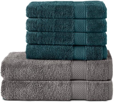 Komfortec Handdoekenset 4x handdoek 50x100 cm en 2x badhanddoek 70x140 cm - 100% Katoen - Antraciet&Petroleumblauw