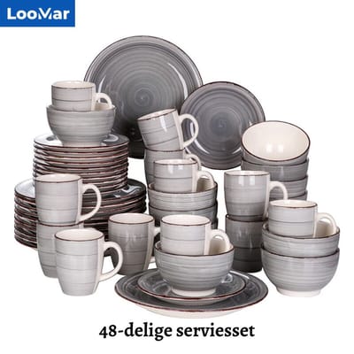 LooMar Luxe Serviesset – 48 delig – 12 persoons – Porselein - Bordenset – Dinner platen – Dessertborden - Kommen - Mokken - Set - Grijs - Wit