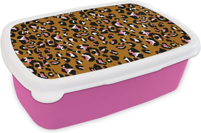 Broodtrommel Roze - Lunchbox Panter - Design - Roze - Bruin - Patronen - Brooddoos 18x12x6 cm - Brood lunch box - Broodtrommels voor kinderen en volwassenen