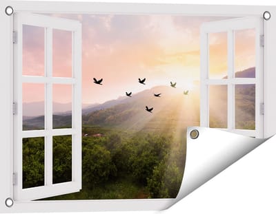 Gards Tuinposter Doorkijk Silhouet Zwerm Vogels bij Zonsondergang - 60x40 cm - Tuindoek - Tuindecoratie - Wanddecoratie buiten - Tuinschilderij