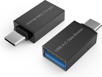 USB Data Blocker [2 Stuks] van MMOBIEL – USB-C naar USB-A Gegevensblokkering – Bescherming tegen Hackers, Virussen en Juice Jacking – Alleen voor Snel Opladen USB Adapter, Vielig opladen - Zwart