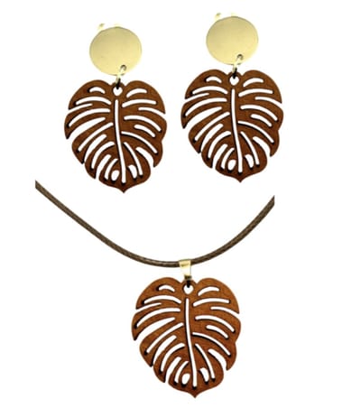Clip oorbellen-Ketting Set -Boomblad bruin hout -goudkleurig- geen gaatje- Charme Bijoux