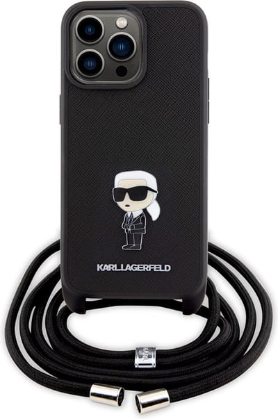 Karl Lagerfeld Crossbody Saffiano Monogram Metal Pin Karl & Choupette Case for iPhone 15 Pro Max - Black