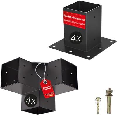 SOTECH bouwset 8-delig (4x hoekverbinders + 4x grondhulzen) vierkant 90 x 90 mm staal verzinkt en zwart gepoedercoat voor maximale corrosiebescherming, paalhoek voor aluminium- en houtconstructies