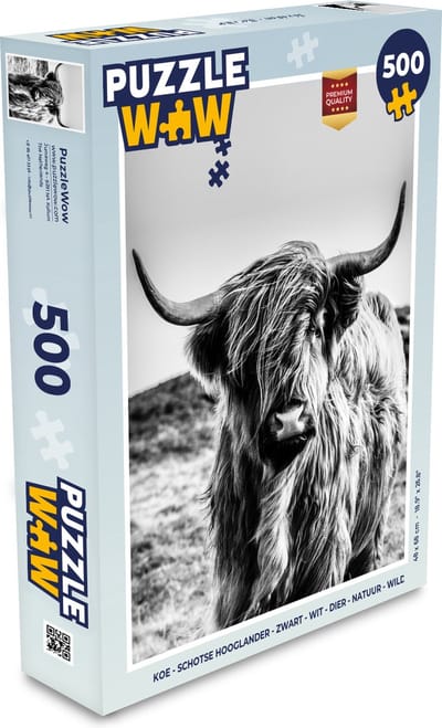 Puzzel Koe - Schotse hooglander - Zwart - Wit - Dier - Natuur - Wild - Legpuzzel - Puzzel 500 stukjes