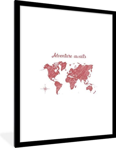 Poster in lijst - Fotolijst 60x80 cm - Posters - Wereldkaart - Quotes - Rood - Posterlijst zwart - Decoratie - Wanddecoratie woonkamer - Muurdecoratie slaapkamer