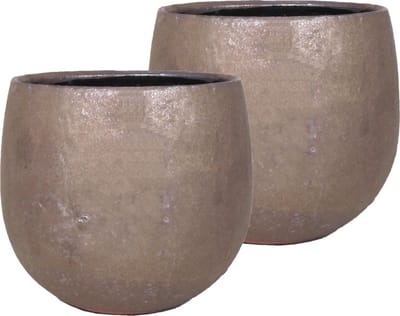 Set van 2x stuks bloempot/plantenpot schaal van keramiek in een glanzend brons kleur met diameter 14/11.5 cm en hoogte 10.5 cm - Binnen gebruik