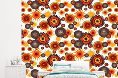 Behang - Fotobehang Design - Retro - Oranje - Bloemen - Breedte 245 cm x hoogte 220 cm