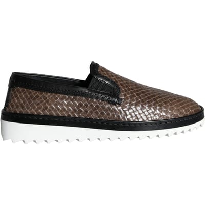 Dolce & Gabbana Bruin Zwart Leer Geweven Heren Loafers Schoenen