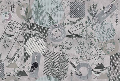 Fotobehang birdsplaygrou1 DD121852 Livingwalls Walls by Patel 3 Grijs Groen Vlies 270 x 400 cm (4 delen) 3D Fotobehang op maat