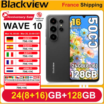 BLACKVIEW [Zonder EU-oplader] Smartphone WAVE 10, 24GB (8+16) + 128GB, 120Hz verversingssnelheid, Android 16, 5000mAh batterij, 6,88-inch HD+ IPS-scherm, dual-sim, 32MP + 13MP camera's