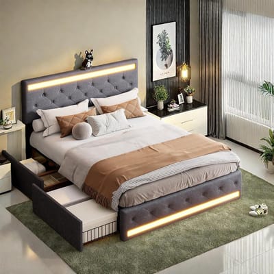 Gestoffeerd Dubbel Bed - Opbergbed Nachtkastje - Moderne Slaapkamer - Geïntegreerd Laadstation - 160 x 200 cm - Zwart
