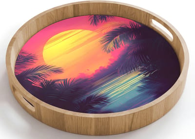 Dienblad rond 40x40 cm - Schootdienblad hout - Zon - Geel - Palmbomen - Tropisch - Borrelplank rechthoek - Plateau houten dienbladen