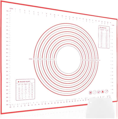 Bakmat Rood 80x60cm, Antislip Deegmat met Metingen, Anti-aanbak Onderlaag, Hittebestendige Keukenmat met 1 Witte Deegschraper, BPA-vrij Vaatwasmachinebestendig
