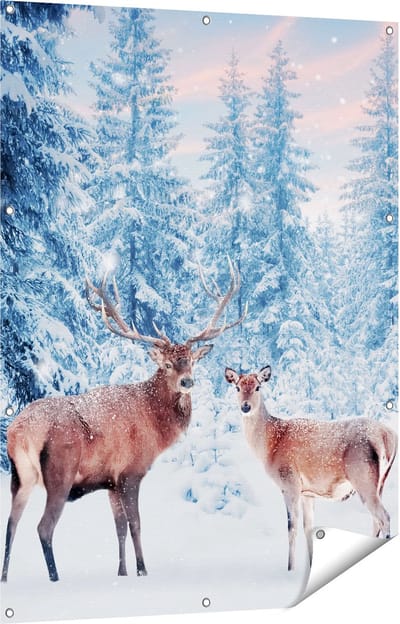 Gards Tuinposter Twee Herten in het Bos met Sneeuw - 90x120 cm - Tuindoek - Tuindecoratie - Wanddecoratie buiten - Tuinschilderij