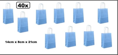 40x Koordtas papier licht blauw 14cmx8cmx21cm - goodiebag|papieren|draagtas|tas|koord|festival|kado|themafeest|party|geschenken