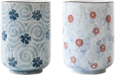 Set van 2 Japanse theekopjes van keramiek met traditionele bloemenprint - Perfect voor thee en koffie, 30 OZ