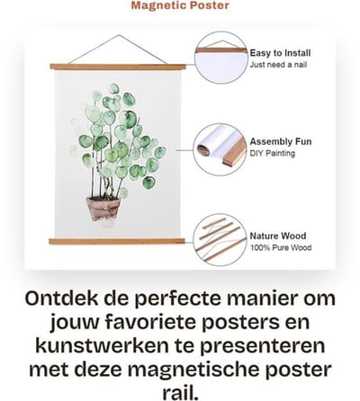 Posterrail 40 cm - Houten Posterhanger - Magnetische Houder - Wanddecoratie - Kunstwerk Bescherming - Modern Design - Fotolijst