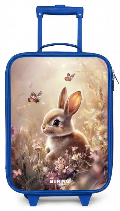 NoBoringSuitcases.com® - Kinderkoffer blauw - Kindertrolley jongen - Bloemen - Bruin - Konijntje - Vlinder - Koffer kind lichtgewicht - Reiskoffer trolley voor kinderen - Koffertje met lichtgevende wieltjes - Rolkoffer