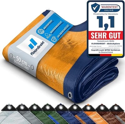 FLOORDIREKT Dekzeil - Stoffen Dekzeil - Beschermhoes - Bootzeil - Tentonderzeil voor Camping & Outdoor - Waterdicht - Met Zeilogen - 140 g/m² - Blauw - 3 x 4 m