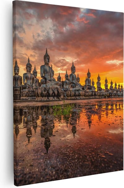 Artaza Canvas Schilderij Boeddha Standbeelden - 40x50 cm - Wanddecoratie Spiritueel - Muurdecoratie Zon - Kamer Accessoires