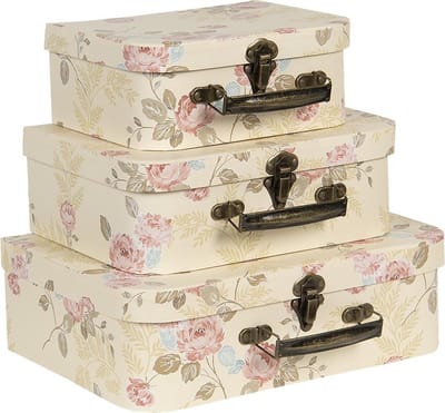 Clayre & Eef Decoratie Koffer Set van 3 30x21x9/25x18x9/20x16x8 cm Beige Karton Bloemen
