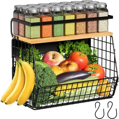 SnelShoppen - Magnetische koelkast opbergrek met houten deksel, grote metalen mand voor het organiseren van fruit, uien, aardappelen en kruiden, ideaa