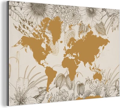 Wanddecoratie Metaal - Aluminium Schilderij Industrieel - Wereldkaart - Goud - Bloemen - 120x80 cm - Dibond - Foto op aluminium - Industriële muurdecoratie - Voor de woonkamer/slaapkamer