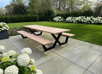 Douglashout - picknicktafel - metaal - zwart poedercoat - X Onderstel - 200x100x77cm - kwaliteit