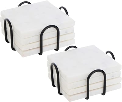 5Five Onderzetters voor glazen - marmer - 8x stuks - vierkant - steen - 10 x 10 cm - wit - in zwarte standaard van metaal