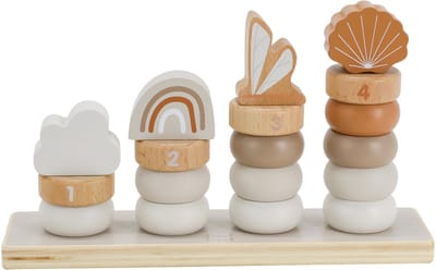 Label Label - Houten Stapelringen - Nougat - FSC Hout - Inclusief 18 Ringen, Topblokken & Standaard - Stimuleert Motoriek, Rekenen en Fantasie - Geschikt voor Kindjes vanaf 18 Maanden