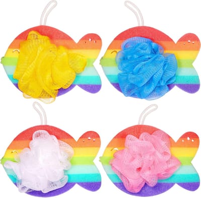 BRUBAKER Set van 4 badspons, douchespons, regenboogvis, badspons, 25 g, badplezier voor het hele gezin, wasspons incl. geschenkdoos