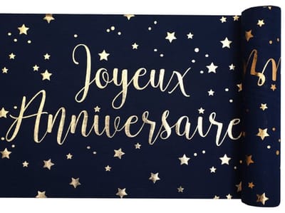SANTEX - Katoenen tafelloper "Happy Birthday" marineblauw en goud 28 cm x 3 m