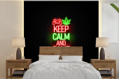 Behang - Fotobehang Gaming - Neon - Keep calm and game on - Rood - Tekst - Breedte 240 cm x hoogte 240 cm