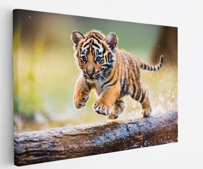Saammp Canvas Schilderij - Tijger welp op boom - Natuur - Dieren - 45x30 - Foto op canvas - Wanddecoratie - muurdecoratie Woonkamer - Slaapkamer decoratie - Canvas Print