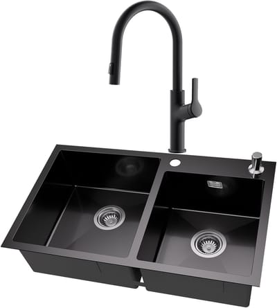 Auralum MAX Dubbele Spoelbak voor keuken 75x45cm Antraciet - Spoelbak Keuken Met keukenkraan Met Uittrekbare Uitloop - Roestvrij staal - Wasbak met waterafvoersysteem - Met zeepdispenser 300ml