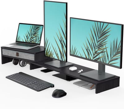 Unyqoos ® Verstelbare Dubbele Monitorstandaard met Opberglade voor Computer en Laptop, Ergonomisch Design