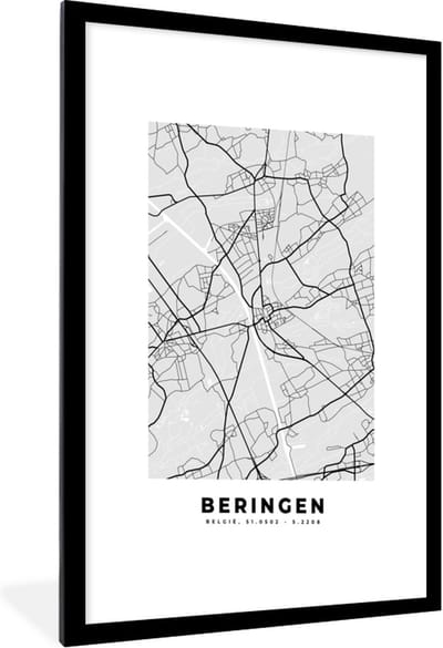Fotolijst incl. Poster Zwart Wit- Zwart Wit – België – Plattegrond – Stadskaart – Kaart – Beringen - 60x90 cm - Posterlijst