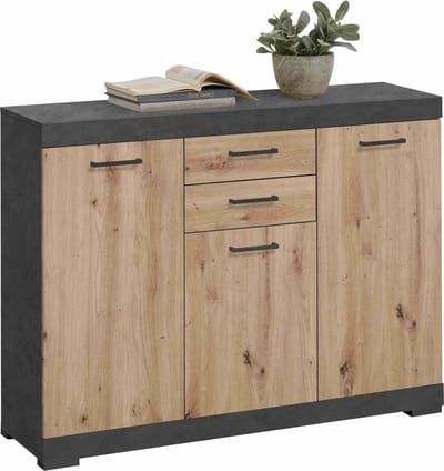Dressoir Hermes Artisan Eiken - Matera - Breedte 120 cm - Hoogte 89.9 cm - Diepte 34.9 cm - Met lades - Met planken - Met openslaande deuren