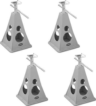 Campout Steunenset – Assteun - Stabilisatieset Caravan of Aanhangwagen – Caravansteun - Voorkom wegzakken – 300 - 420 mm - Makkelijk Afstellen - Maximaal 750 kg per steun - Inclusief opbergtas - 4 stuks – Zilver