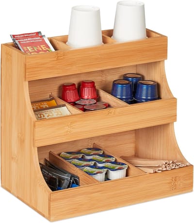 Famanu – Bamboe koffie organizer met 9 vakken – voor melk, suiker, koffiebekers en thee – compacte aanrecht organizer