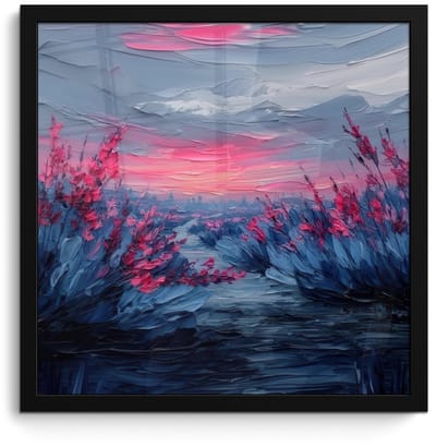 Poster in lijst - Fotolijst 40x40 cm - Posters - Schilderij - Zonsondergang - Bloemen - Rivier - Posterlijst zwart - Decoratie - Wanddecoratie woonkamer - Muurdecoratie slaapkamer