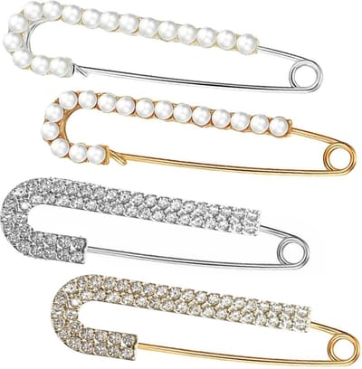 Fako Bijoux® - Sierspeld / Sjaalspeld Set - Mini Parels & Strass Strip - 76mm - Set 4 Stuks - Zilver/Goud