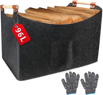 Dailygoods- Brandhoutmand XXL 96 l - Opvouwbare Mand - Vilt - Houten Handvat - Handschoenen - Slijtvast en Stootvast - Opbergmand
