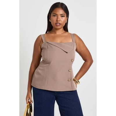 boohoo Dames Plus Top met Gouden Rand en Omslagen Halslijn | Taupe | Maat: 44