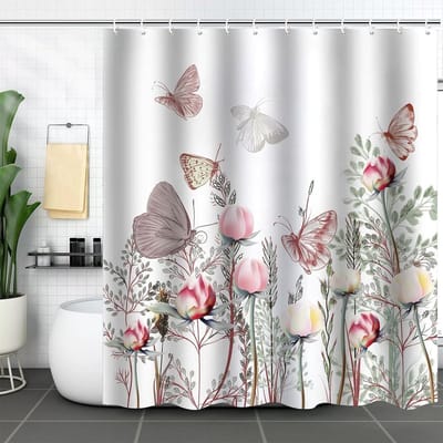 Douchegordijn Bloemen - Badkamer Gordijn - Waterdicht Beschermen - Verzwaarde Zoom - 180x180 cm - Roze