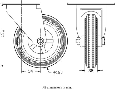 160 mm (6 inch) roestvrijstalen zwenkwiel met grijze rubberen band, draaibaar, 135 kg