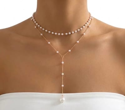 Goudkleurige layer ketting voor dames – parel ketting met hanger – dubbele ketting met kralen