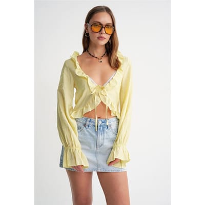 Rimpelige V-hals Lange Mouw Korte Blouse