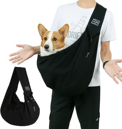 MAGICSHE Hondenrugzak Tot 7Kg - Buikdrager Hond - Netzak Met Trekkoord - Honden Draagzak Voor Op De Buik - Reistas Kat Zwart